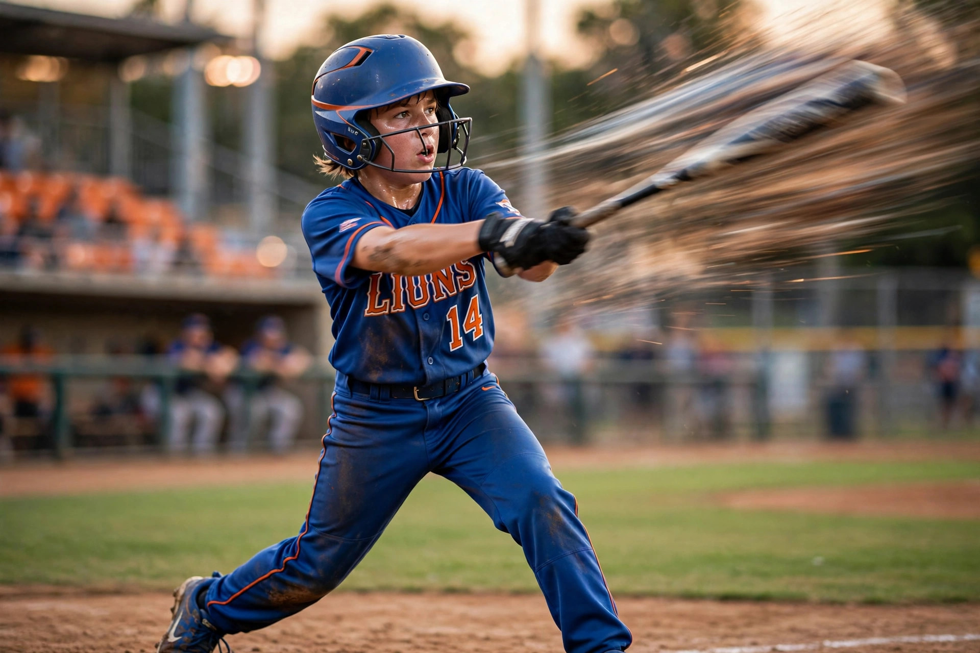 Young player mid-swing with motion blur on the bat