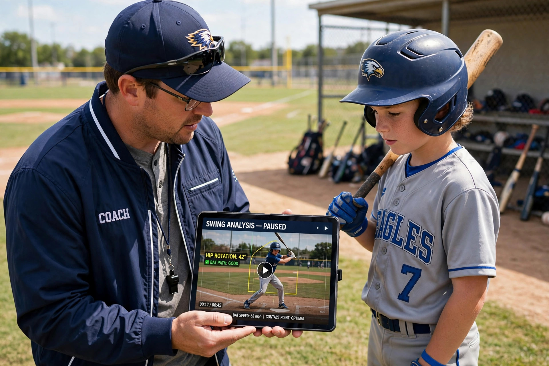 Coach reviewing a swing analysis video on a tablet with a young player