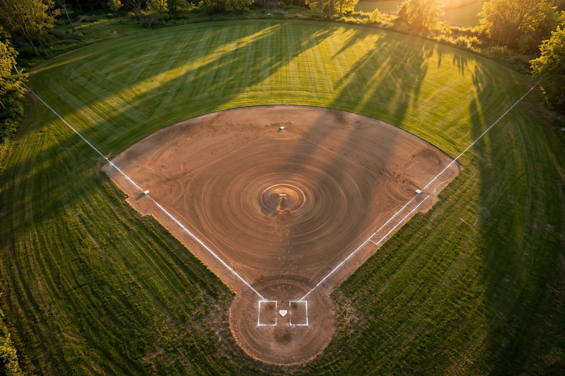 Aerial view of a baseball diamond at sunset