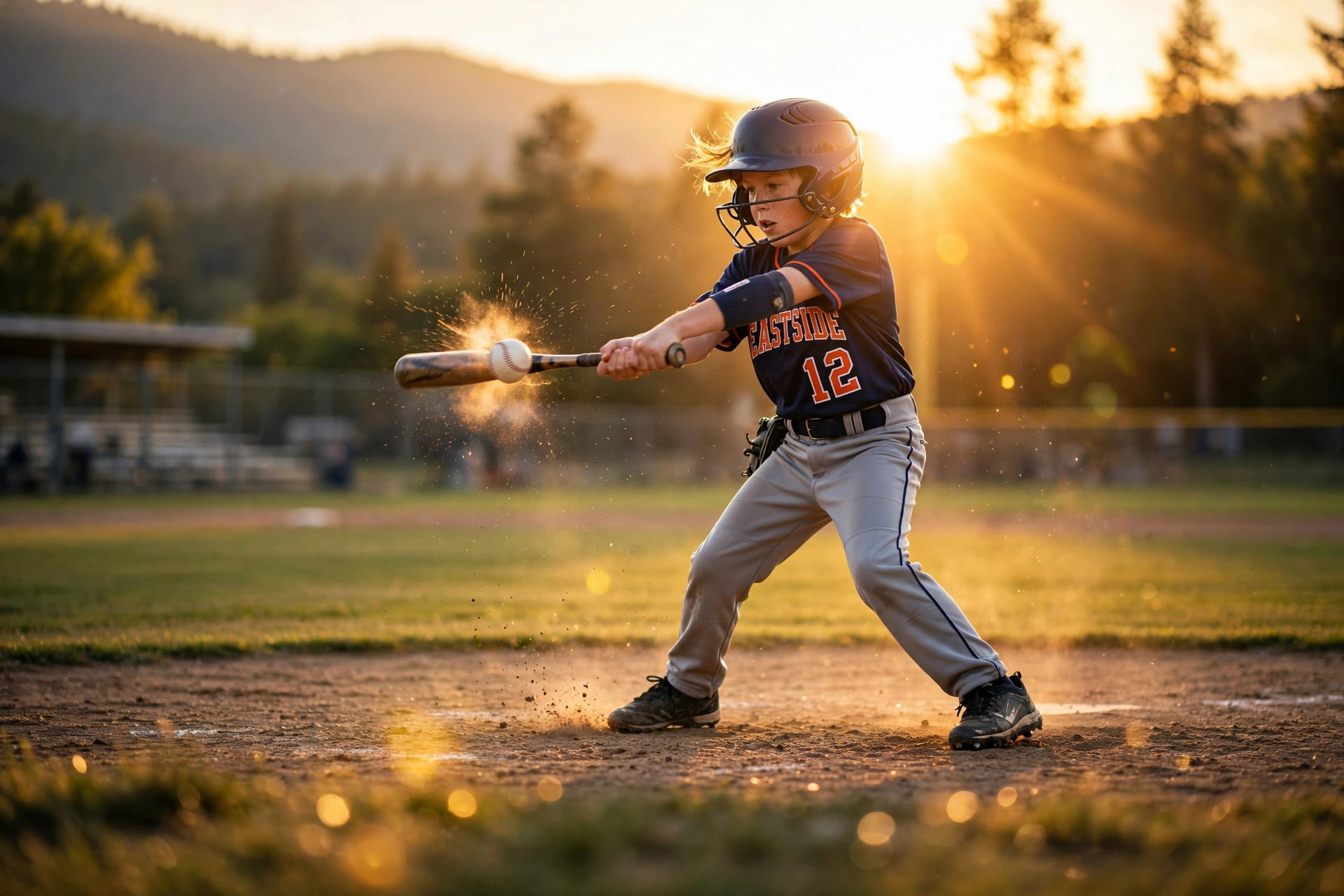 Youth baseball player mid-swing at sunset